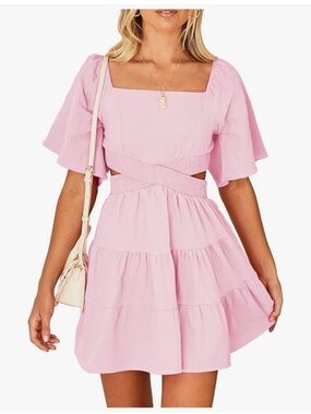 Like new - Women’s Pink Square-Neck Tiered Mini Dress with Cutout Waist